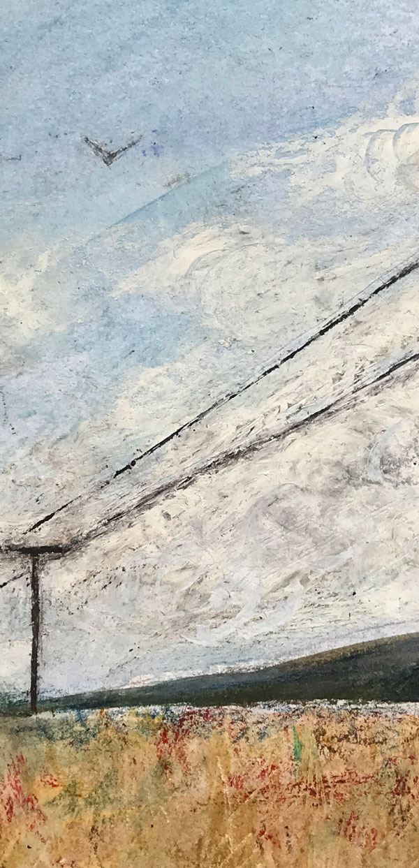 orkney landscape in oil pastel on acrylic wash