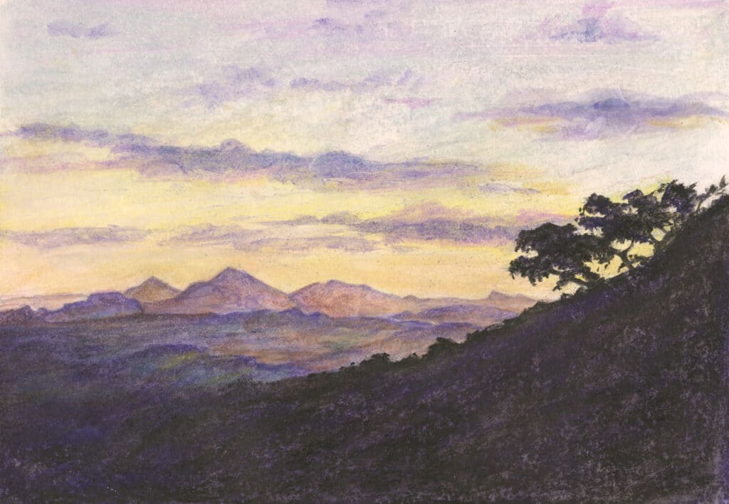 Sunset from Zomba Plateau in Malawi in oil pastel