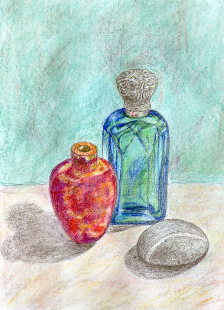 Created in derwent crayons 2 bottles and a stone