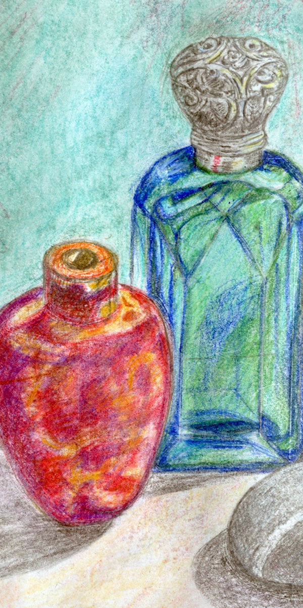 Created in derwent crayons 2 bottles and a stone