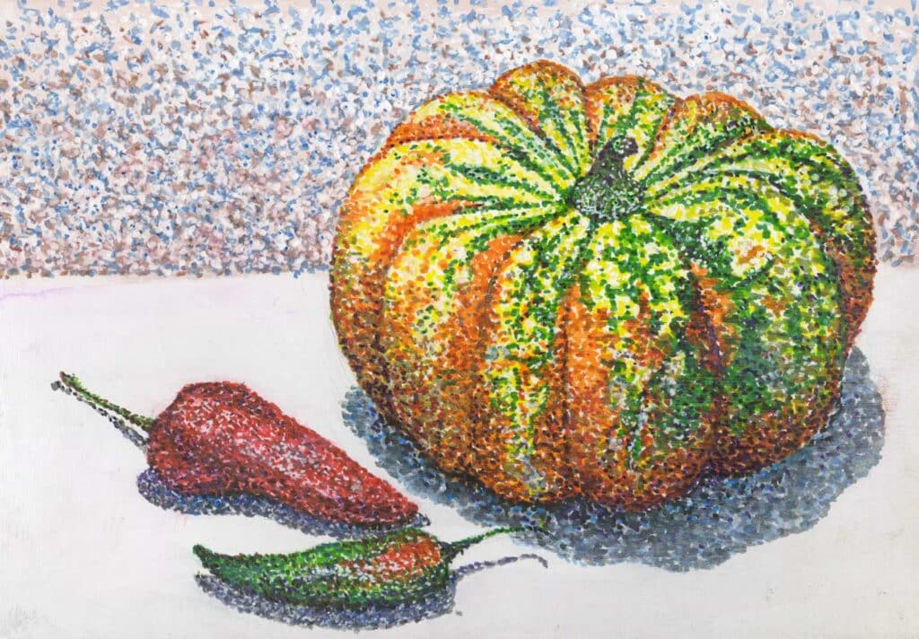 Pointilism Pumpkin and chillies Faber brush pens