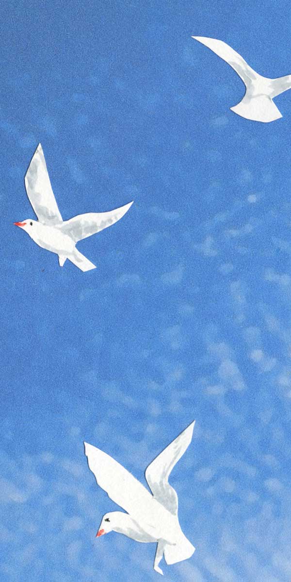 paper cut seagulls on a photoshopped photo of sky