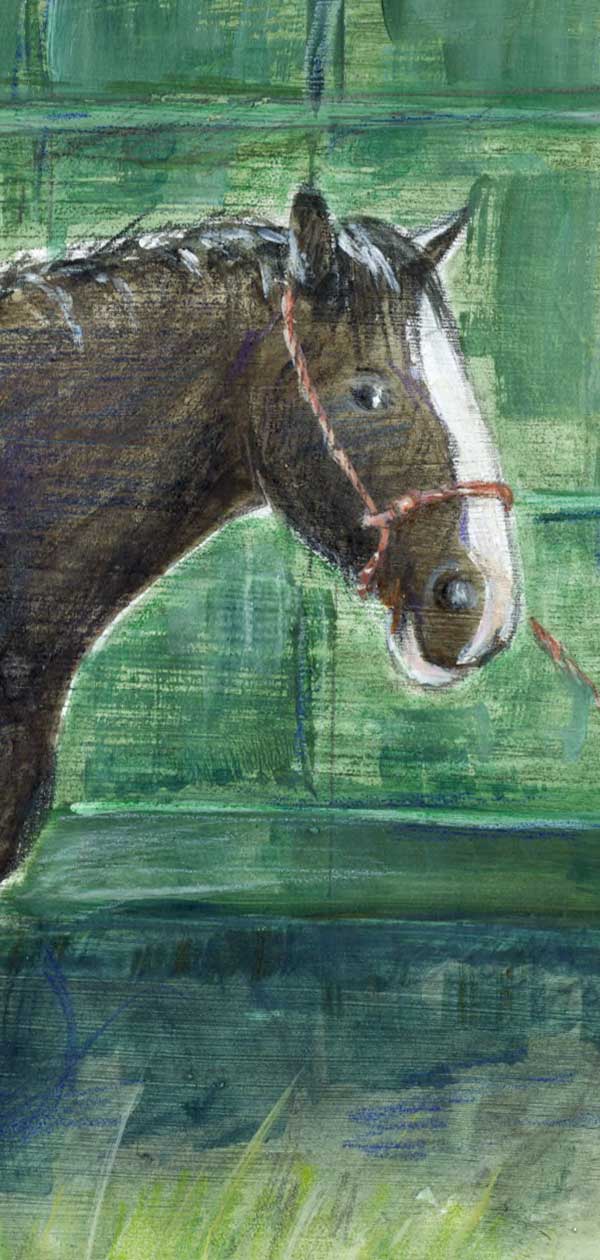 Heavy horse at Poynton Show in acrylic paint and Derwent Softcolour crayons