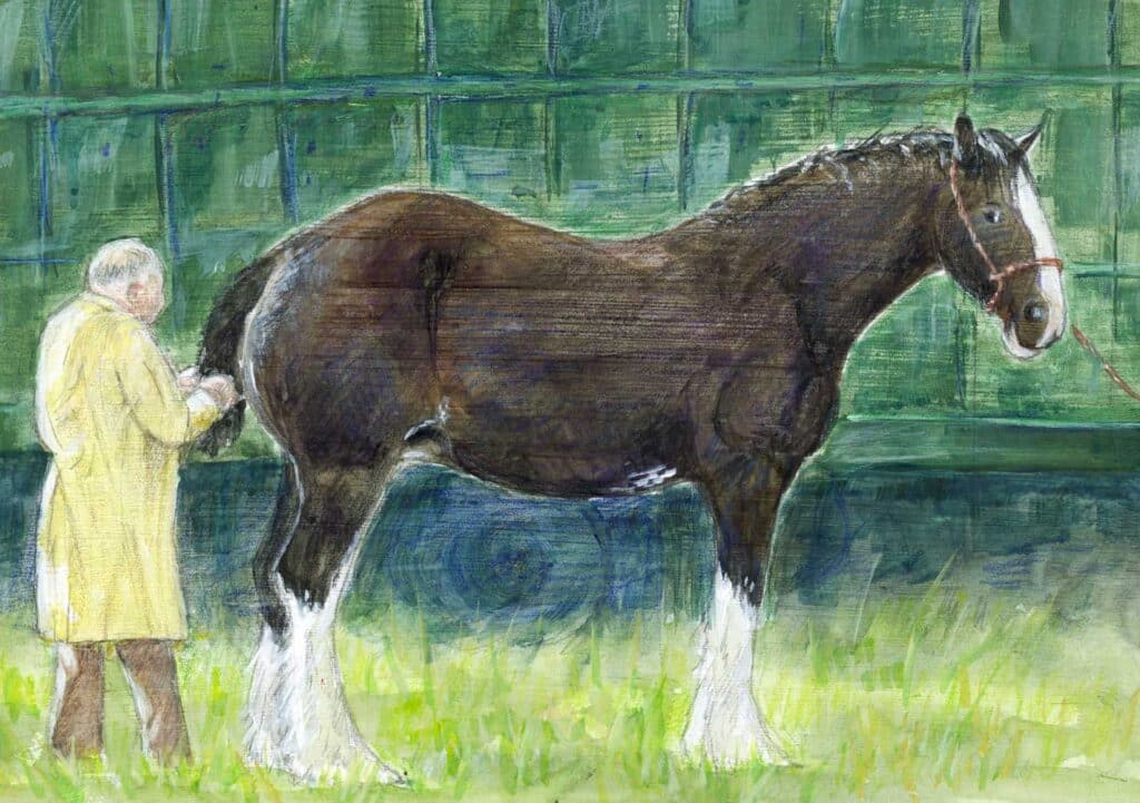 Heavy horse at Poynton Show in acrylic paint and Derwent Softcolour crayons